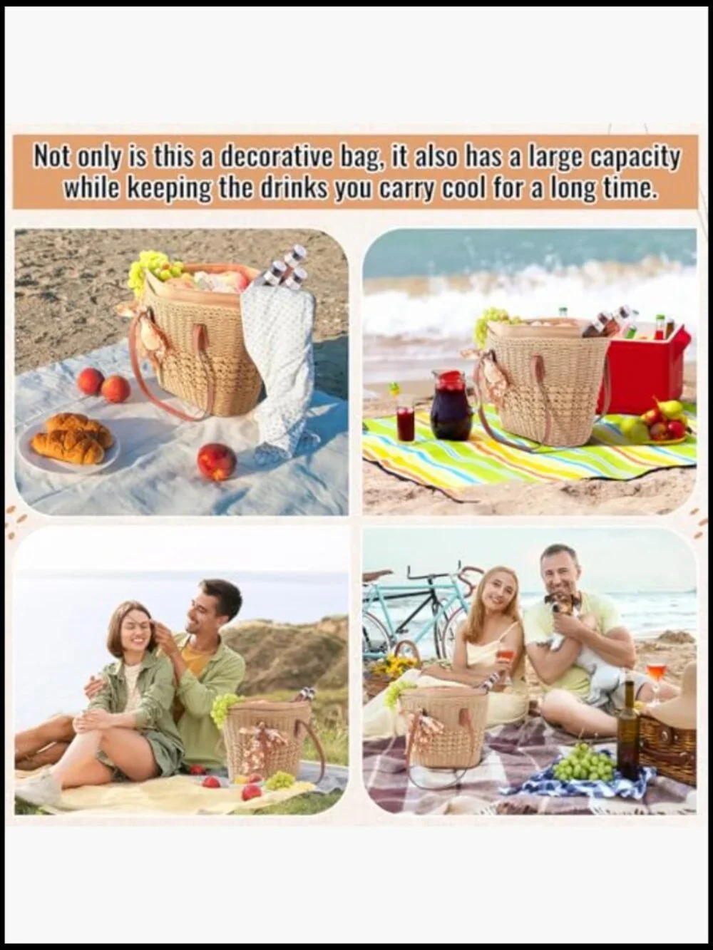 Women's Insulated Straw Woven Cooler Bag Leak Proof Zipper Picnic Beach Tote